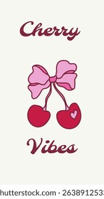 Whimsical Romantic Pink Red Coquette Asymmetric Bow Hand Drawn Illustration Doodle Cherry Mobile Phone Wallpaper Vector Design