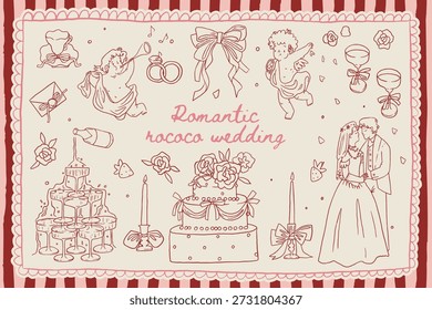 Whimsical romantic rococo wedding line art doodles. Cupids, wedding cake, champagne, wedding flowers and decor. Cute coquette aesthetic valentine hand drawn vector set of romantic celebration icons