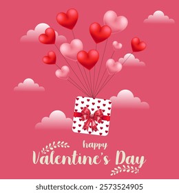 A whimsical and romantic scene with red and pink heart shaped balloons tied to a gift box wrapped in a red ribbon and heart pattern Dreamy clouds and Happy Valentine's Day text add charm Valentine day