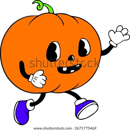 Whimsical running pumpkin illustration in classic Rubber Hose style. Perfect for Halloween designs, stickers, prints, and digital art. Features playful, bouncy limbs and retro cartoon charm.