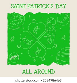 Whimsical Saint Patrick's Day poster cover template design. Grunge Happy St Patrick Day placard on torn paper background. Vector illustration. EPS 10