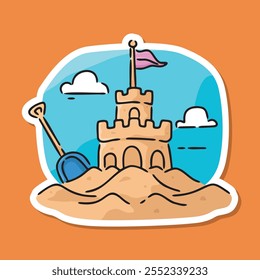 um castelo de areia caprichoso em uma praia com um fundo laranja vibrante. O castelo de areia é a peça central, adornada com uma bandeira e uma pá encostada contra ele.