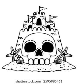 A whimsical sandcastle with a unicorn skull.