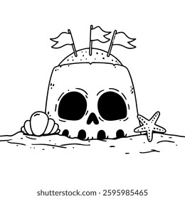 A whimsical sandcastle with a unicorn skull.