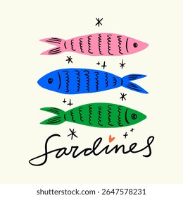 Whimsical Sardines Colorful Seafood Illustration Vector Clipart Positive Vibe For T Shirt Print, Poster, Sticker And Other Uses 