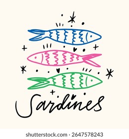 Caprichoso Sardinhas Colorido Marisco Ilustração Vetor Clipart Vibe Positivo Para T Shirt Print, Poster, Adesivo E Outros Usos 