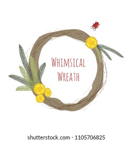 Whimsical save the date wreath with flowers and bugs for wedding invitation