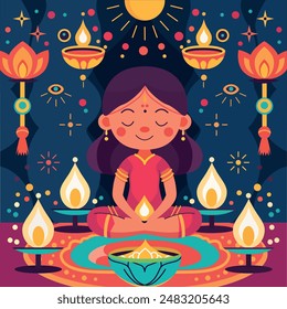 Una escena caprichosa se desarrolla en esta Ilustración vectorial llana. Figuras de dibujos animados, con sonrisas brillantes y ojos expresivos, practica poses de yoga y meditación bajo un cielo lleno de estrellas centelleantes. 