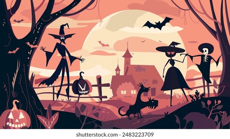 Una escena caprichosa se desarrolla en esta Ilustración vectorial llana. Un sinuoso camino, adornado con fantasmas juguetones y faroles-jack sonrientes, conduce a través de un bosque iluminado por la luna. 