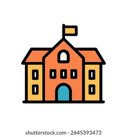 Whimsical schoolhouse with a flag flying. Icon symbol illustration
