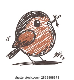A whimsical scribble style drawing of a small round robin bird holding a tiny twig in its beak on a white background