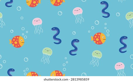 Whimsical sea life seamless pattern featuring cute cartoon fish, friendly jellyfish, and blue eels on a blue ocean.