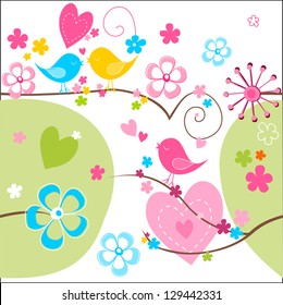 Whimsical seamless background in green, blue yellow and pink with cute birds, flowers and hearts.