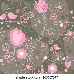 Whimsical seamless background in grey, brown and pink with cute birds, flowers and hearts.