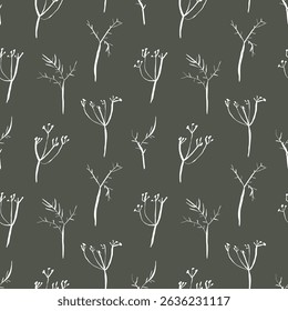 Whimsical seamless dill pattern with hand drawn botanical elements on deep earthy green background for natural surface design