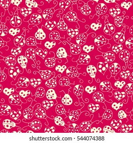Whimsical seamless doodles pattern on hot pink background with white gentle ladybug and hearts. Vector hand drawn illustration.