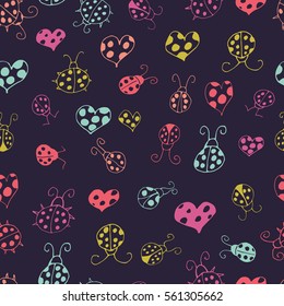 Whimsical seamless doodles pattern on dark background with gentle ladybug and hearts. Vector hand drawn illustration.