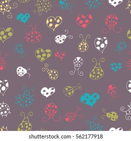 Whimsical seamless doodles pattern on dark background with gentle ladybug and hearts. Vector hand drawn illustration.