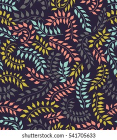 Whimsical seamless floral colorful doodles pattern on dark background. Vector hand drawn illustration.