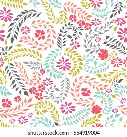 Whimsical Seamless Floral Colorful Doodles Pattern On White Background. Vector Hand Drawn Illustration.