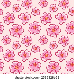 Whimsical seamless floral pattern featuring hand-drawn doodle-style flowers with pink and yellow details on a light cream background. Cheerful and vibrant.