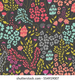 Whimsical seamless flourish colorful doodles pattern on dark background. Vector hand drawn illustration.