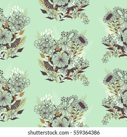 Whimsical seamless flourish colorful doodles pattern on light blue background with flowers and leaves. Vector hand drawn illustration.