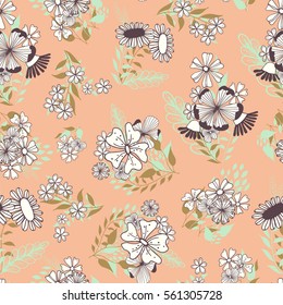 Whimsical seamless flourish colorful doodles pattern on light background with flowers and leaves. Vector hand drawn illustration.
