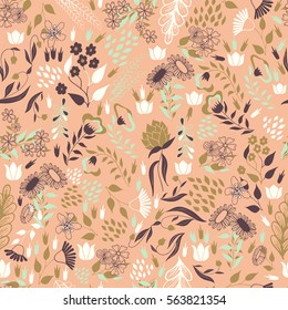 Whimsical seamless flourish colorful doodles pattern on peach background with flowers and leaves. Vector hand drawn illustration.
