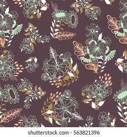 Whimsical seamless flourish colorful doodles pattern on dark background with flowers and leaves. Vector hand drawn illustration.