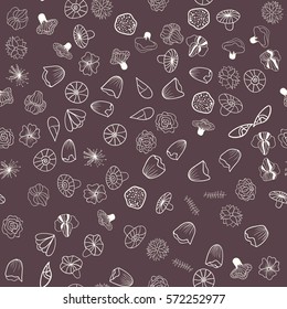 Whimsical seamless flourish colorful doodles pattern on pastel background. Vector hand drawn illustration.