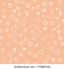 Whimsical seamless flourish colorful doodles pattern on pastel background. Vector hand drawn illustration.