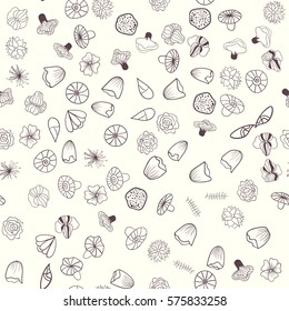 Whimsical seamless flourish colorful doodles pattern on pastel background. Vector hand drawn illustration.
