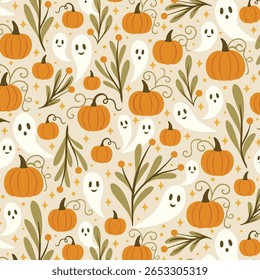 A whimsical seamless Halloween pattern series featuring pumpkins, ghosts, stars, and foliage — designed in three colorways: cozy cream, dramatic midnight, and trendy pastel. 