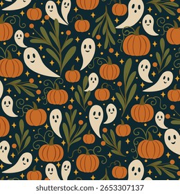 A whimsical seamless Halloween pattern series featuring pumpkins, ghosts, stars, and foliage — designed in three colorways: cozy cream, dramatic midnight, and trendy pastel.