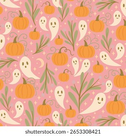 A whimsical seamless Halloween pattern series featuring pumpkins, ghosts, stars, and foliage — designed in three colorways: cozy cream, dramatic midnight, and trendy pastel.