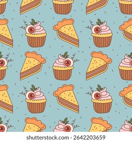 Whimsical seamless Halloween pattern with slices of pie and spooky cupcakes topped with eyeballs and leaves, set on a light blue background