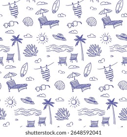 Padrão costeiro italiano sem emenda encantador com chaise longue, sunbed, palma, maiô, símbolos mediterrâneos inspirados por Amalfi. Verão Itália clima de férias. Ilustração de vetor relaxado desenho de lápis de cera.