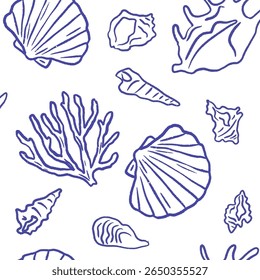 Whimsical seamless Italian coastal pattern with scallop, spiral, clam and seashell, Mediterranean symbols inspired by Amalfi. Summer Italy vacation mood. Vector illustration relaxed crayon sketch.
