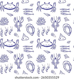 Whimsical seamless Italian coastal pattern with seafood, lobster, crab, oyster, sardine, Mediterranean symbols inspired by Amalfi. Summer Italy vacation mood. Vector illustration relaxed crayon sketch