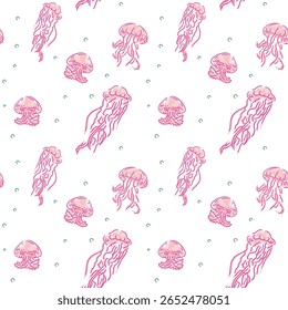 A whimsical and seamless jellyfish pattern designed in a vibrant, marine-themed style. This repeating sea life design features floating jellyfish with fluid shapes and soft color tones.