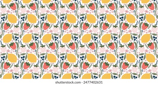 Whimsical seamless pattern adorned with illustrations of white strawberries, raspberries, lemons, blackberries, pink flowers, and green leaves, creating a playful and modern design.