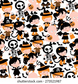 A whimsical seamless pattern background of a group of cute kids in halloween costume going trick or treating. This repeat pattern is easily tile-able.