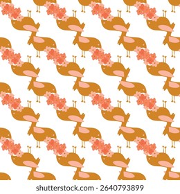Whimsical seamless pattern with birds and bold florals folk-inspired vector