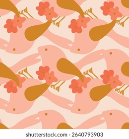 Whimsical seamless pattern with birds and bold florals folk-inspired vector