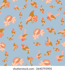 Whimsical seamless pattern with birds and bold florals folk-inspired vector
