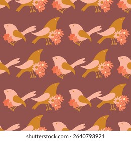 Whimsical seamless pattern with birds and bold florals folk-inspired vector