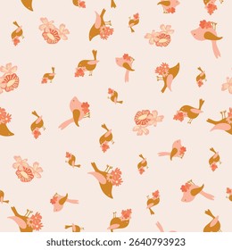 Whimsical seamless pattern with birds and bold florals folk-inspired vector