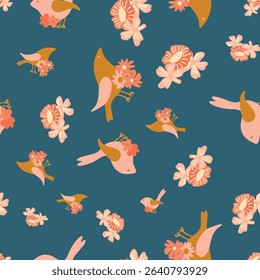 Whimsical seamless pattern with birds and bold florals folk-inspired vector