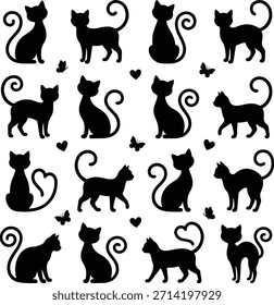 Whimsical seamless pattern of black cat silhouettes with heart‑shaped tails, scattered butterflies and hearts for decorative design